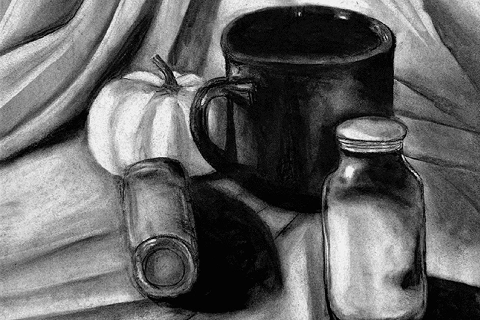 Charcoal drawing of a still life
