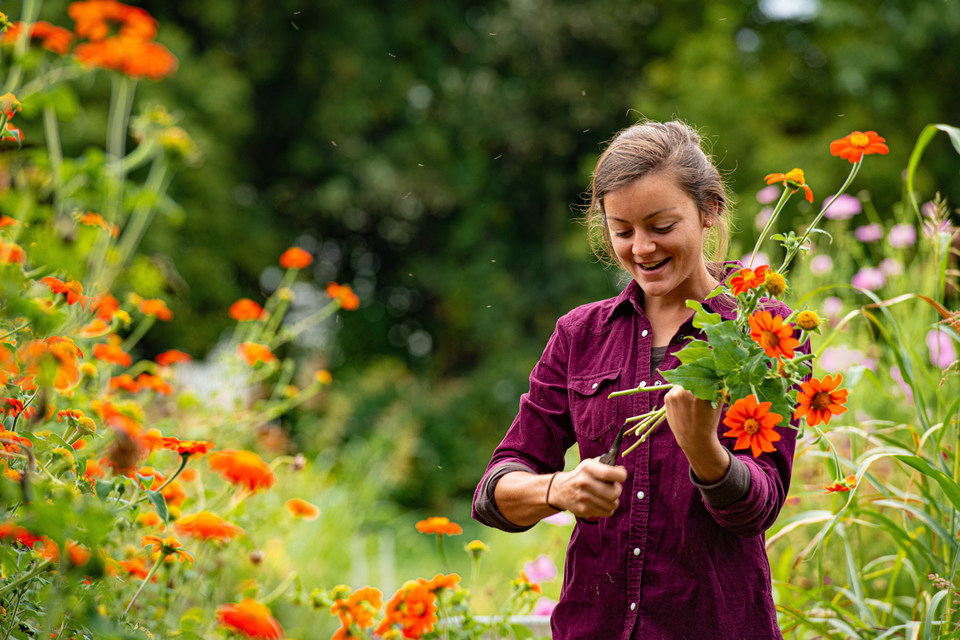 female clipping flowers in East 40 garden