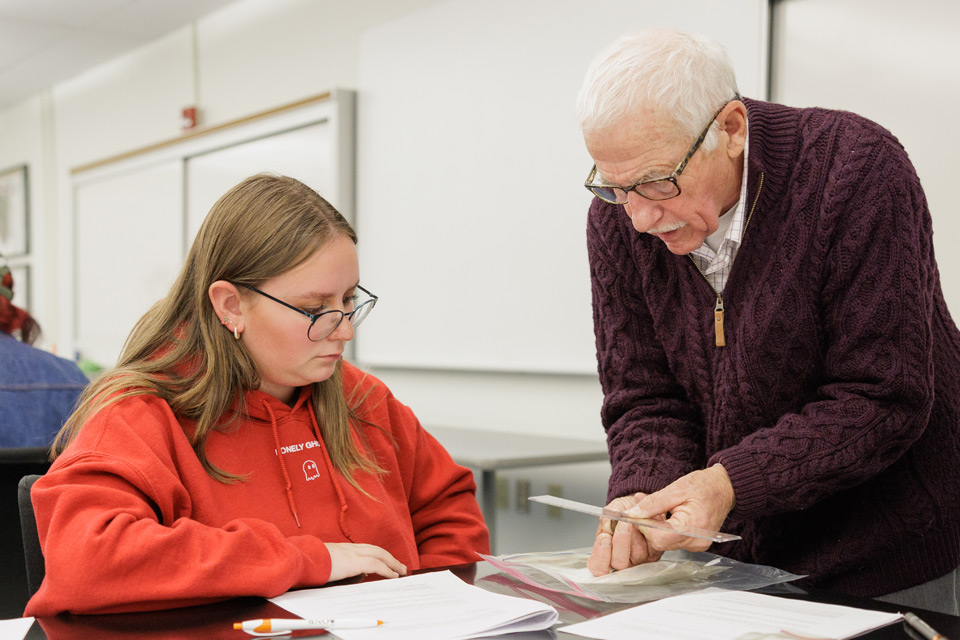 student watching a demonstration by a senior employer