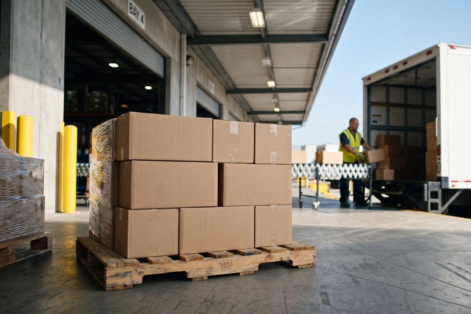 photo of a CDL truck unloading boxes for delivery and sorting