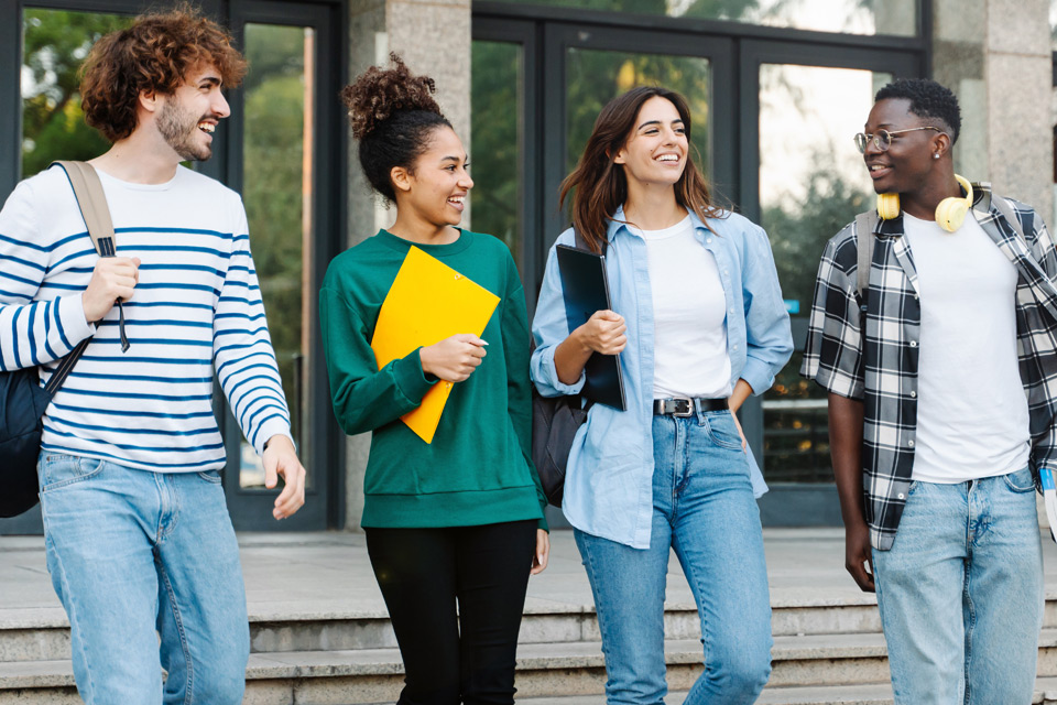 Students walking out of a building