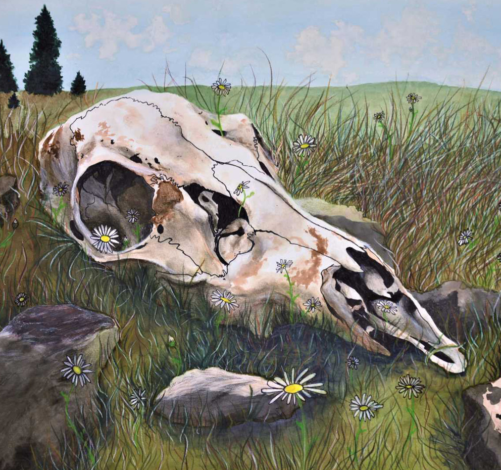 painting of animal skull with flowers and grass growing around it