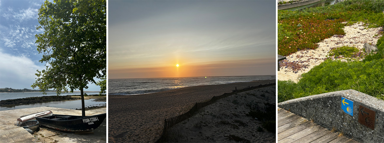 Three photos of the beach including a boat and a sunset