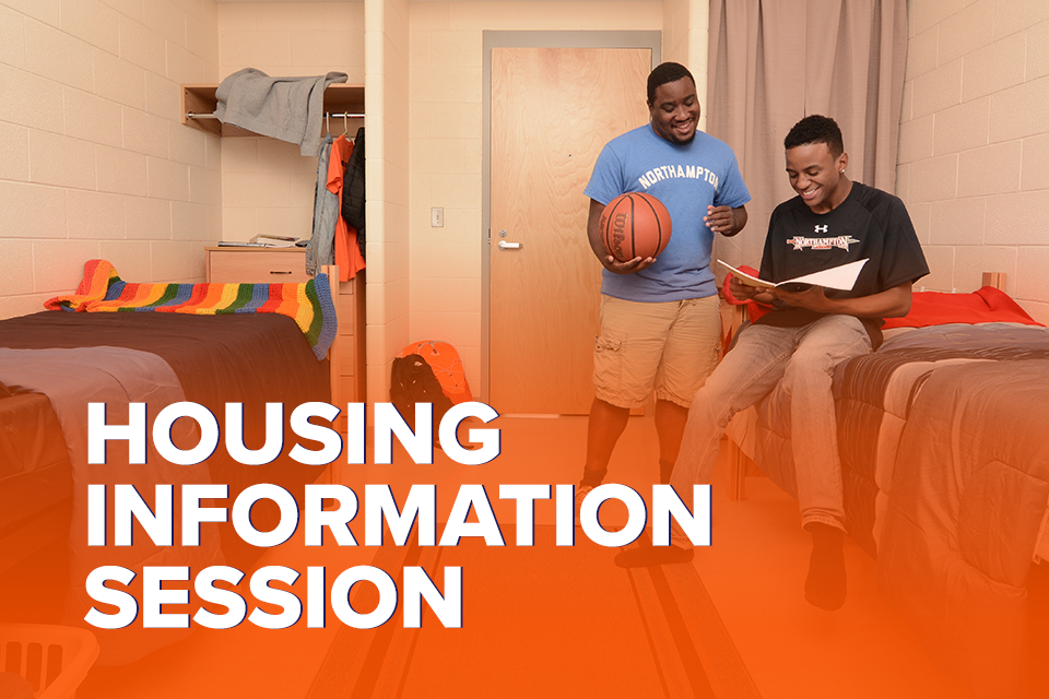 Two students hanging out in a dorm room at Northampton Community College. An orange glowing banner with the text "Housing Information Session" is displayed over the image.