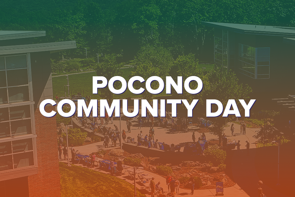 Pocono campus with people gathered at tables and walking around during an event, overlaid with bold white text that reads 'Pocono Community Day'