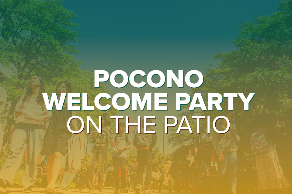 Green to yellow gradient background with bold text reading “Pocono Welcome Party on the Patio.”
