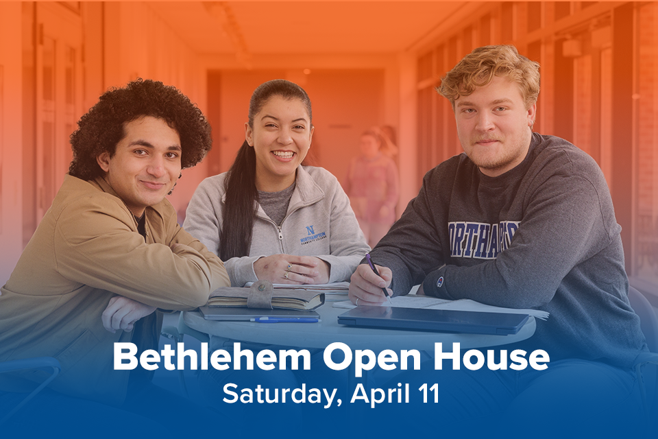 Three students smiling with text that reads "Bethlehem Open House, Saturday April 11"