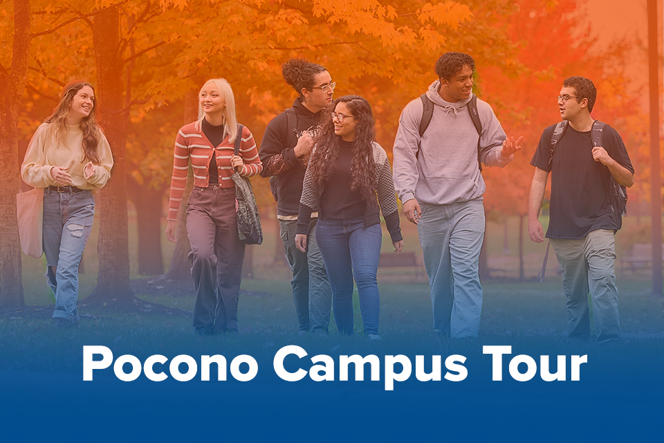 Six Northampton Community College students walk and talk together outdoors on a tree-lined campus in autumn. An orange-to-blue gradient overlays the image with the text “Pocono Campus Tour.”