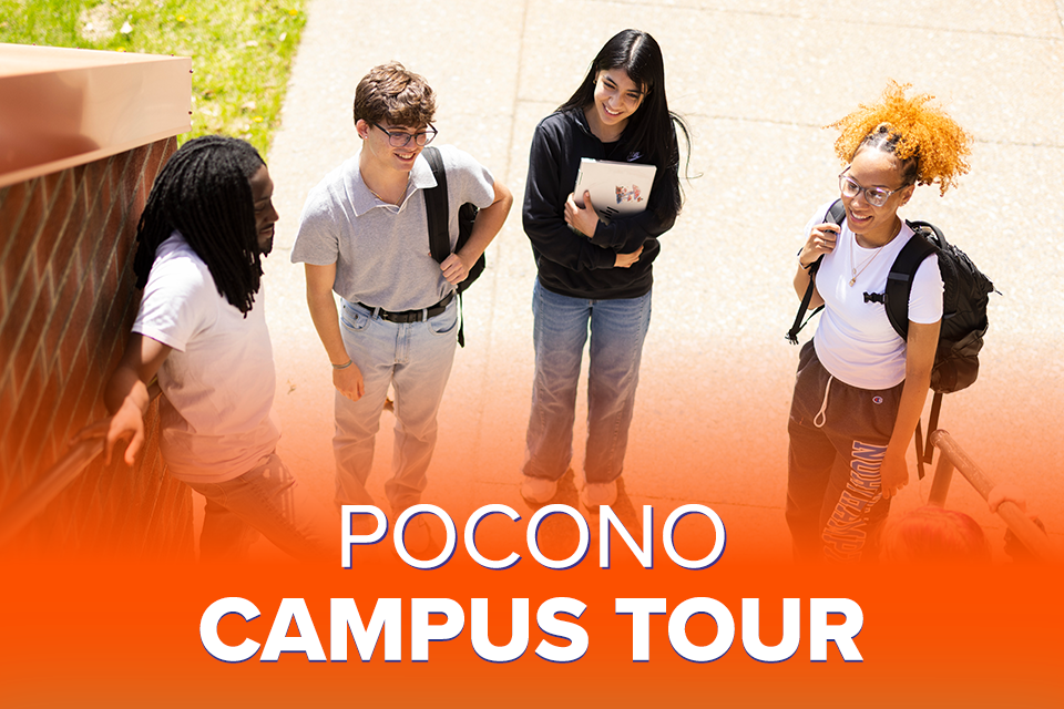 Students talking in a circle with an orange feathered glow at the bottom of the image. Text overlay reads ‘Pocono Campus Tour.