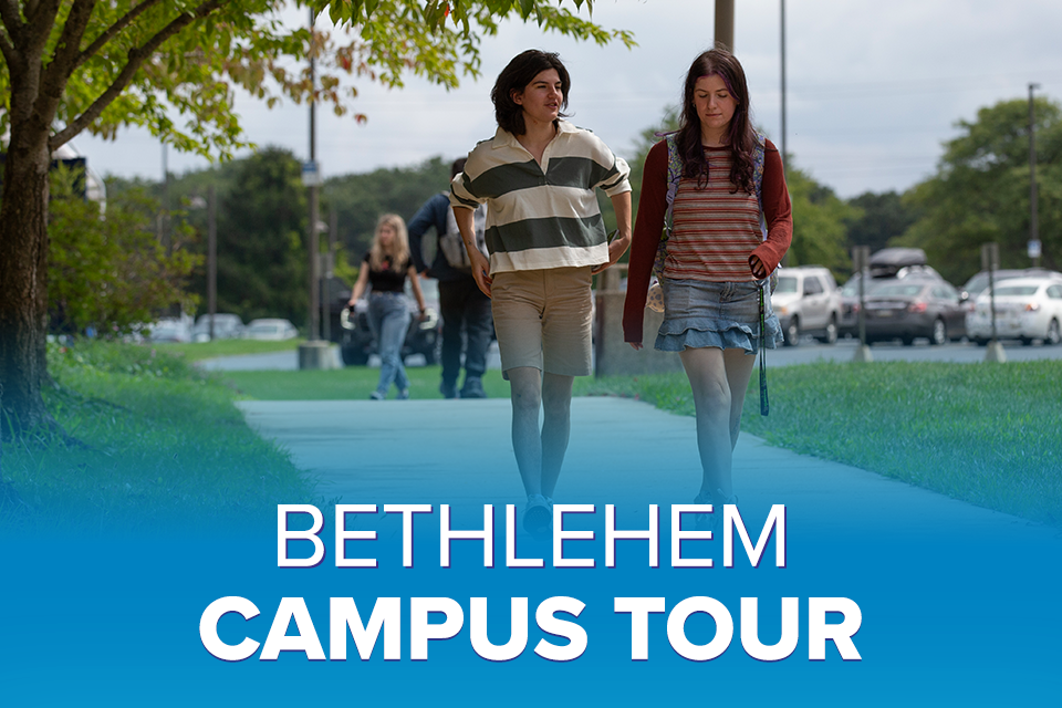 Two students walking and talking on campus, with a blue feathered glow at the bottom of the image. Text overlay reads 'Bethlehem Campus Tour.'